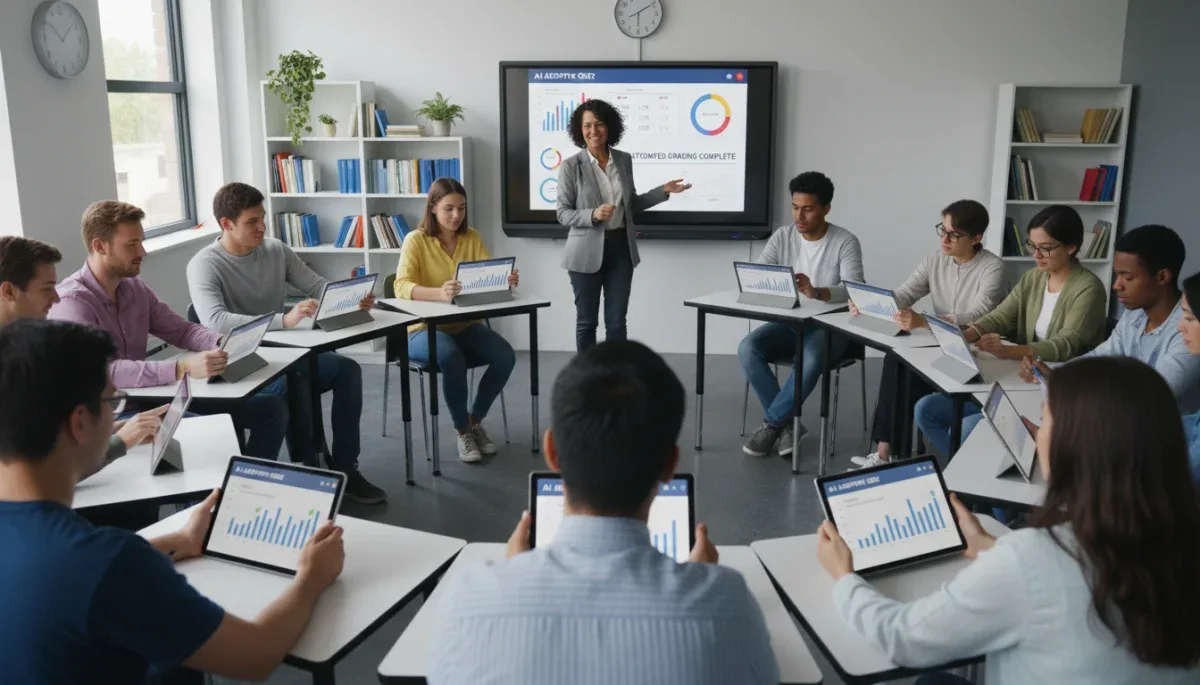 Students taking AI-powered adaptive quizzes in class