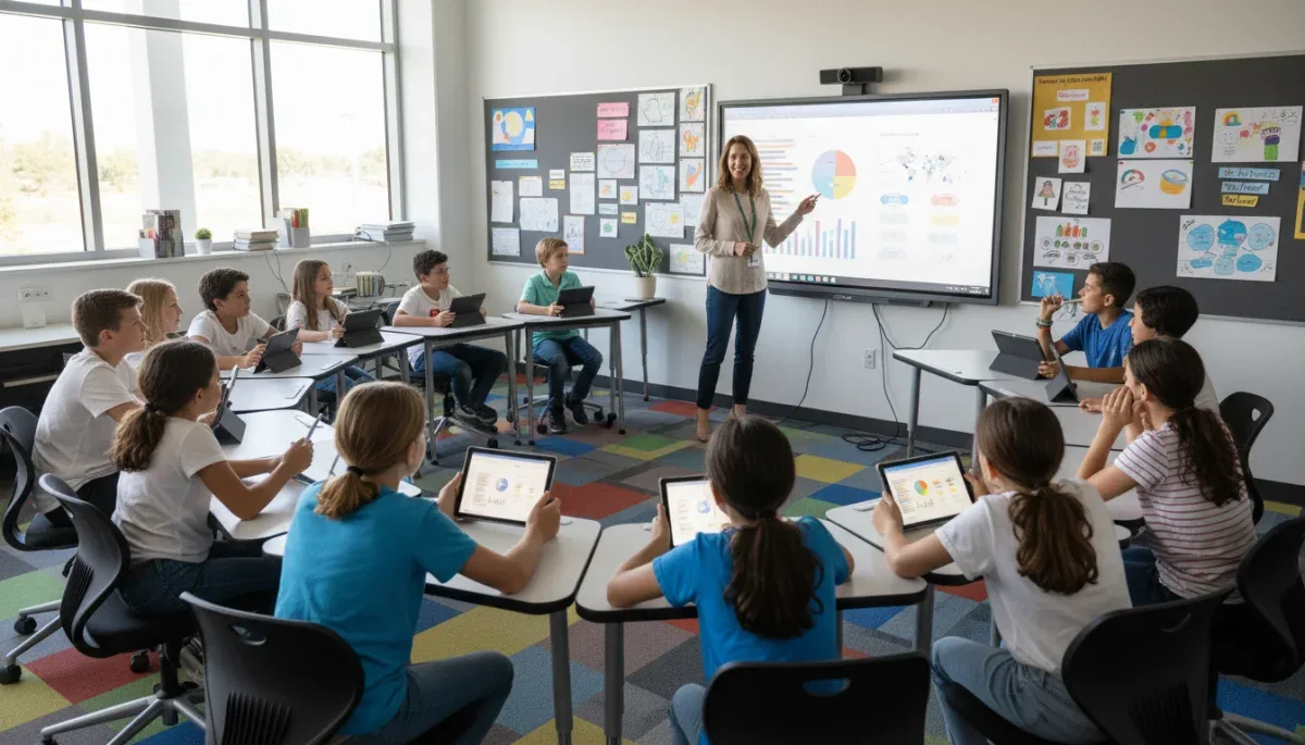 Innovative classroom with students engaged in active learning based on new curriculum